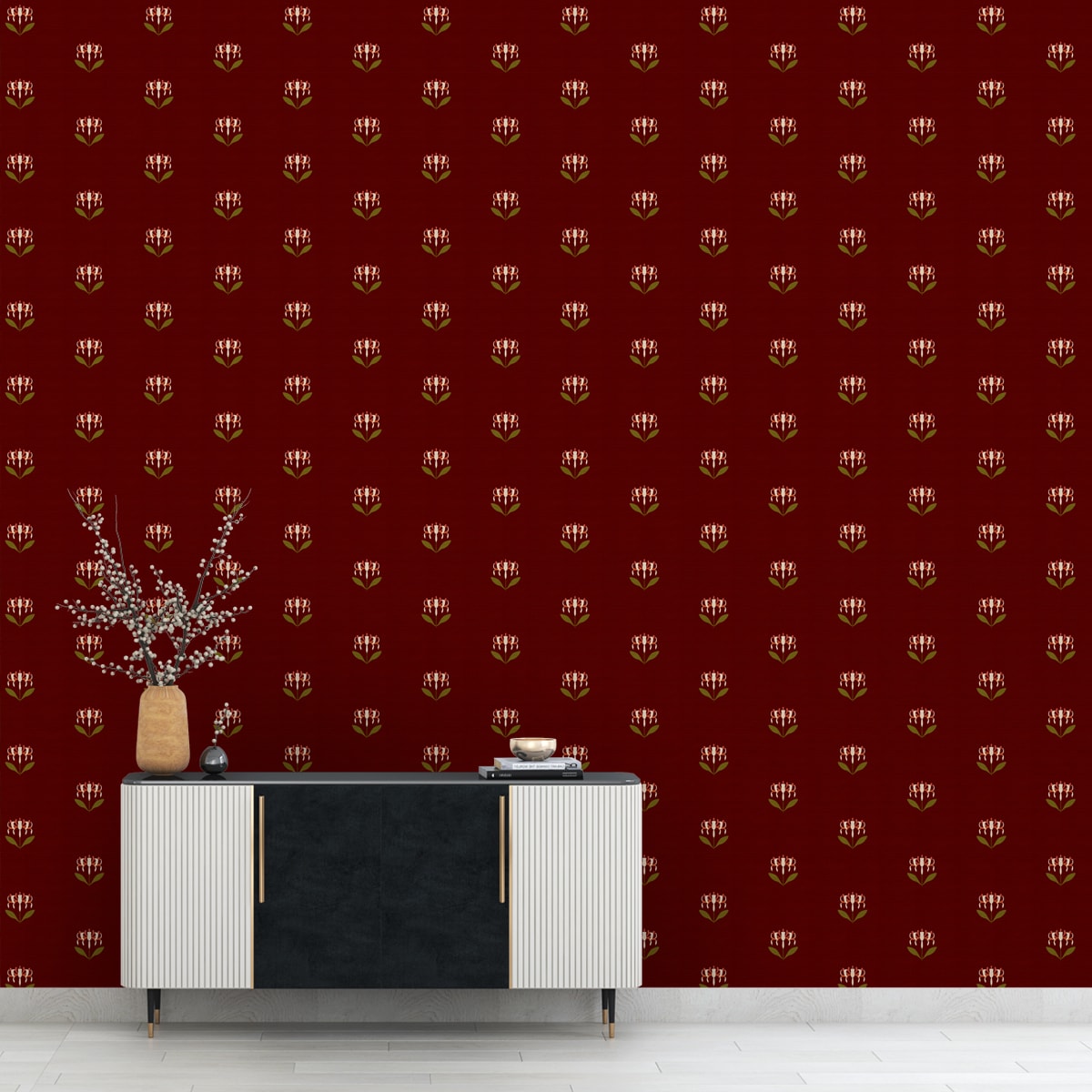 Maroon Indian Print Wallpaper for Rooms, Customised