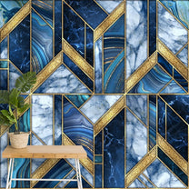 Blue and Golden Marble Pattern Wallpaper for Rooms, Customised