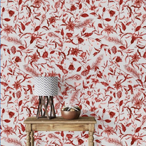 Red Colors Floral Elements Wallpaper Design, Customised