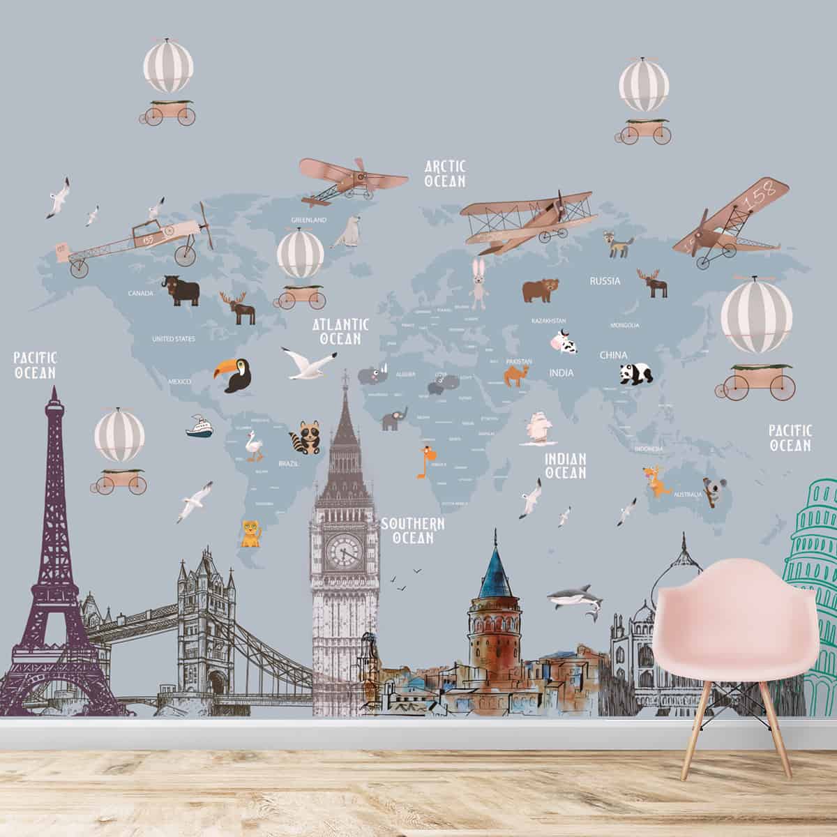 Kids World Map with Monuments, Customised Wallpaper