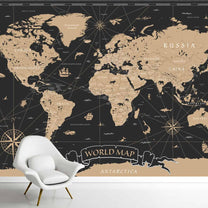 Black and Golden Vintage World Map Wallpaper, Customised