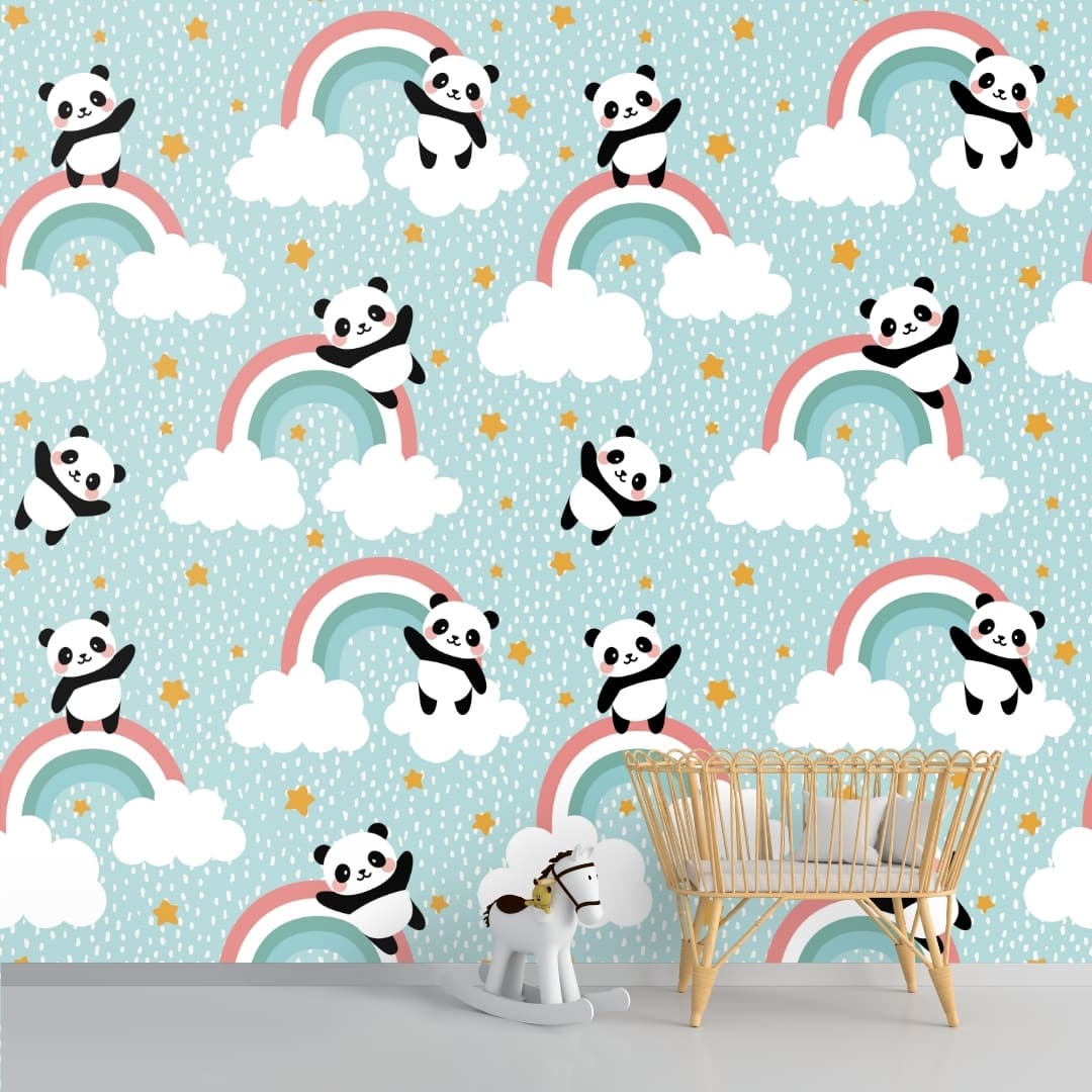 Cute Panda on Rainbow, Kids Room Wallpaper