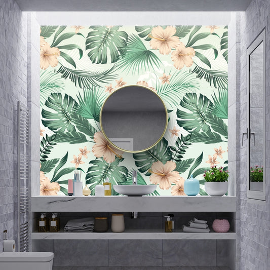 Hibiscus Flowers with Tropical Leaves, Customised Wallpaper