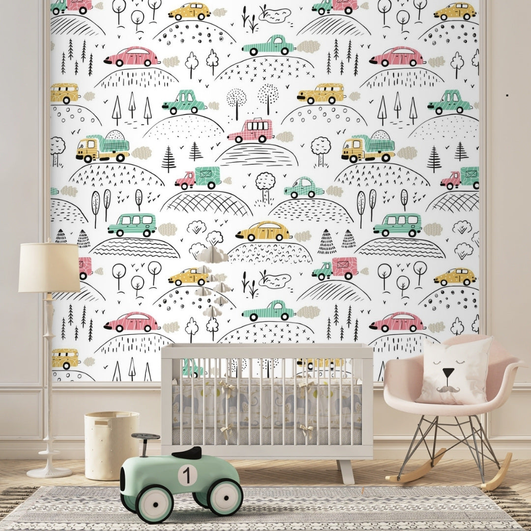 Cars on Mountain Roads, Kids Room Wallpaper