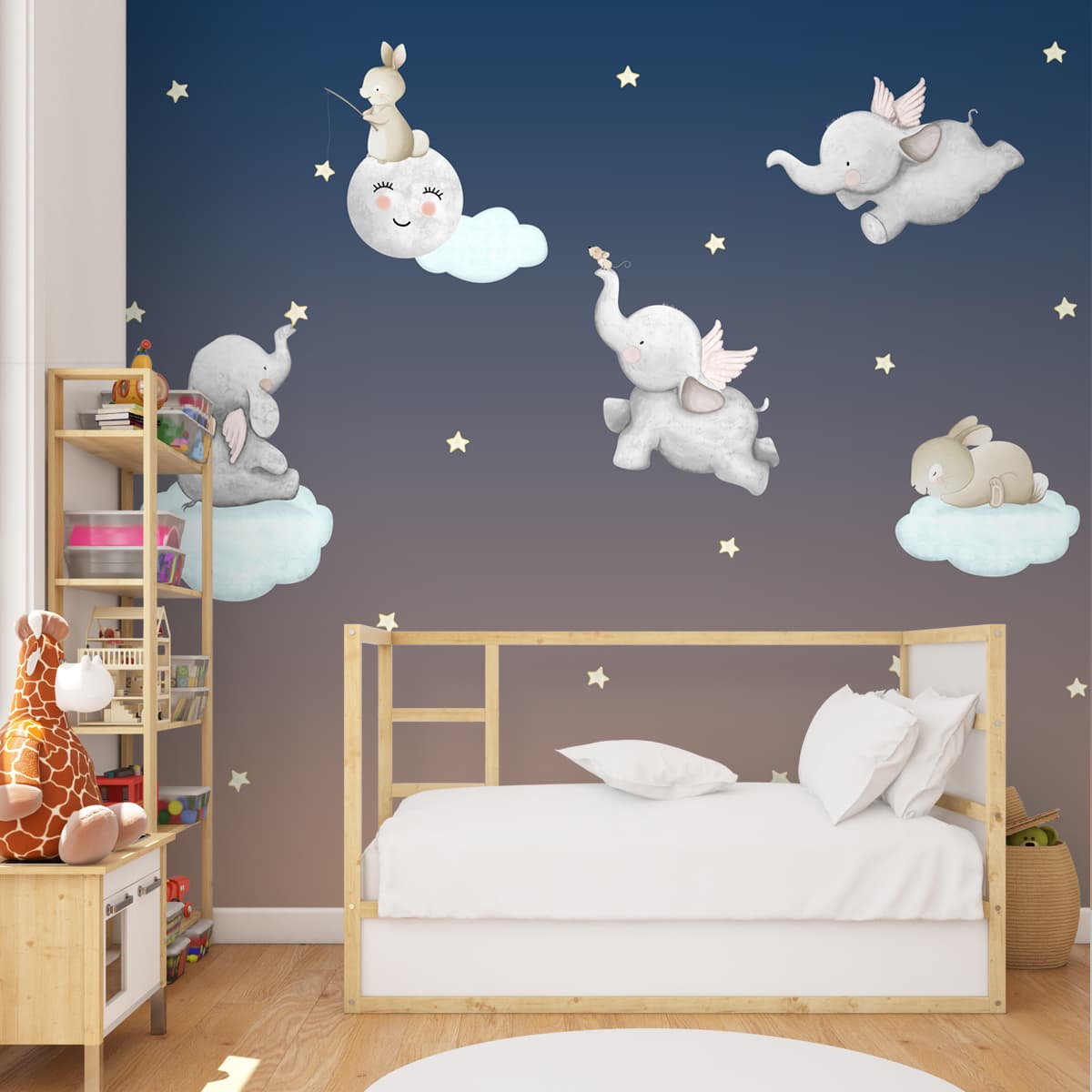 Cute Elephants and Bunnies in Nursery Kids Room Wallpaper