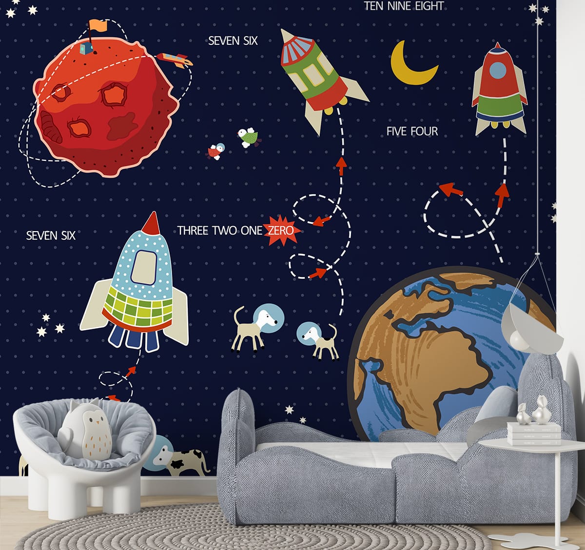Galaxy Giggles: Space Kids Room Wallpaper, Blue