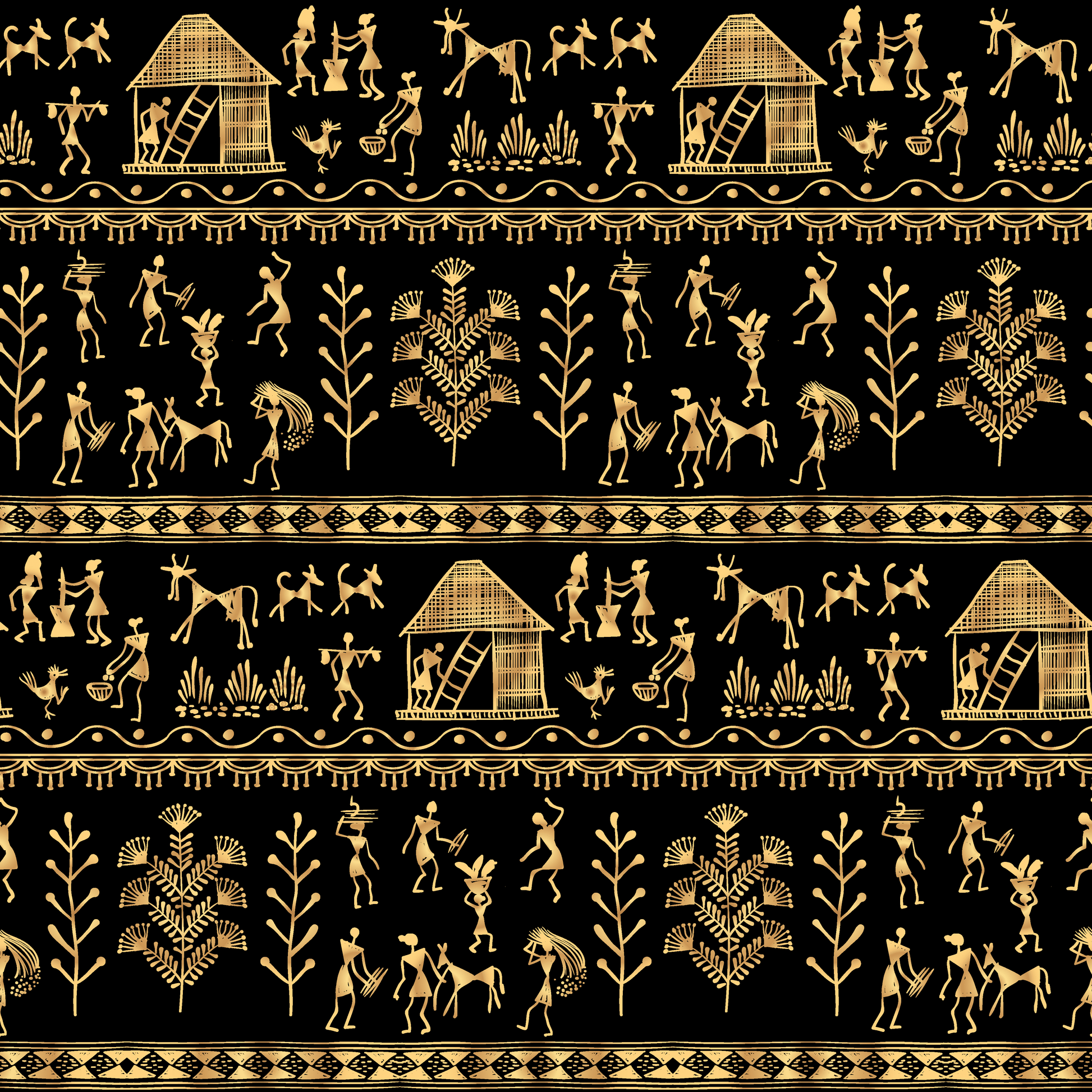 Black & Golden Ethnic Warli Tribal Art Wallpaper, Customised