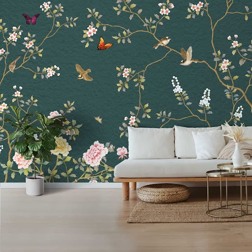 Chinoiserie Wall Mural with Birds and Flowers, Customised