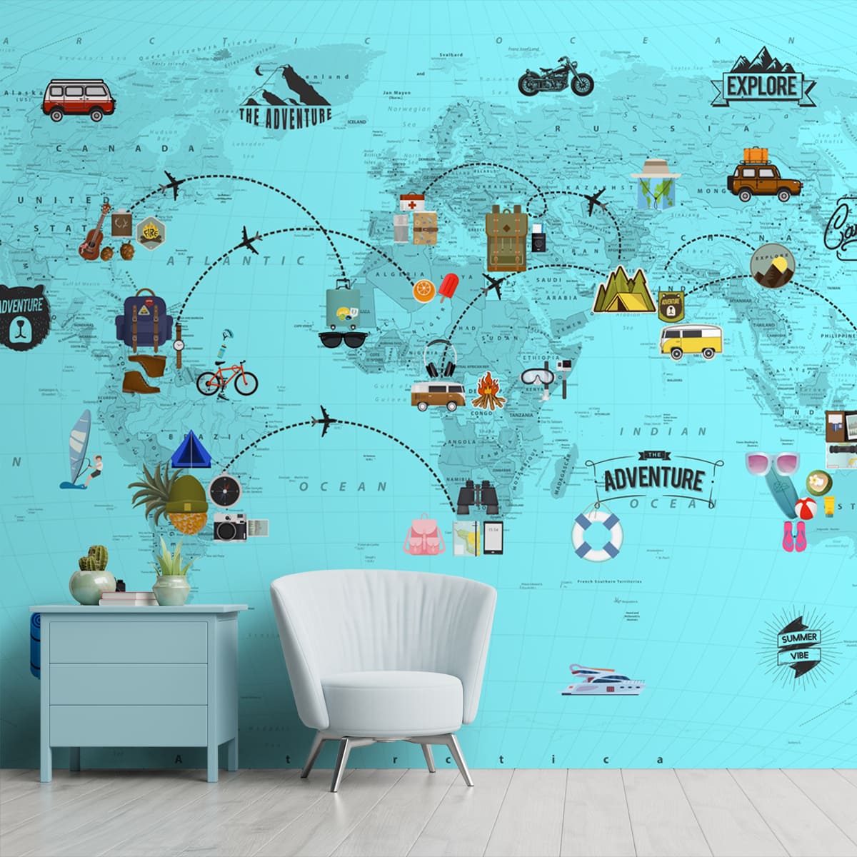 Aqua Blue Travel Theme World Map for Kids Rooms, Customised