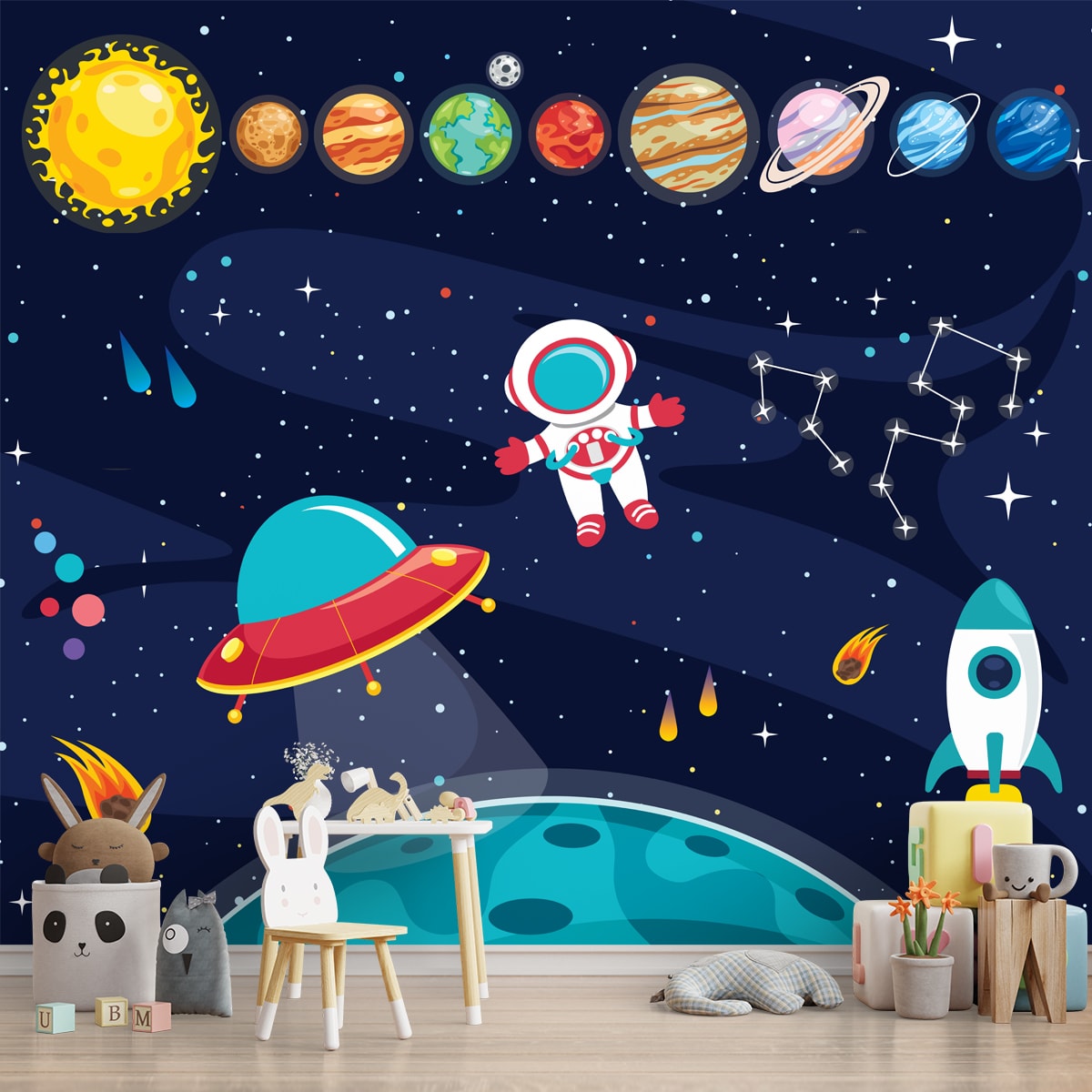 Solar System Space Theme Kids Room Wallpaper, Customised, Blue