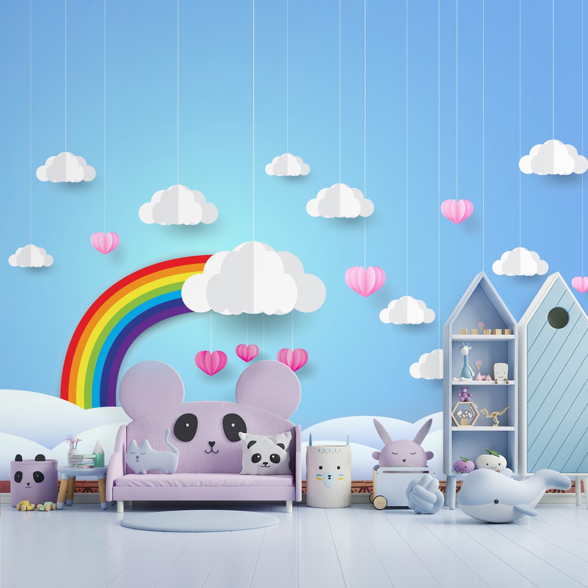 3D Rainbow and Clouds Kids Room Wallpaper, Blue, Customised