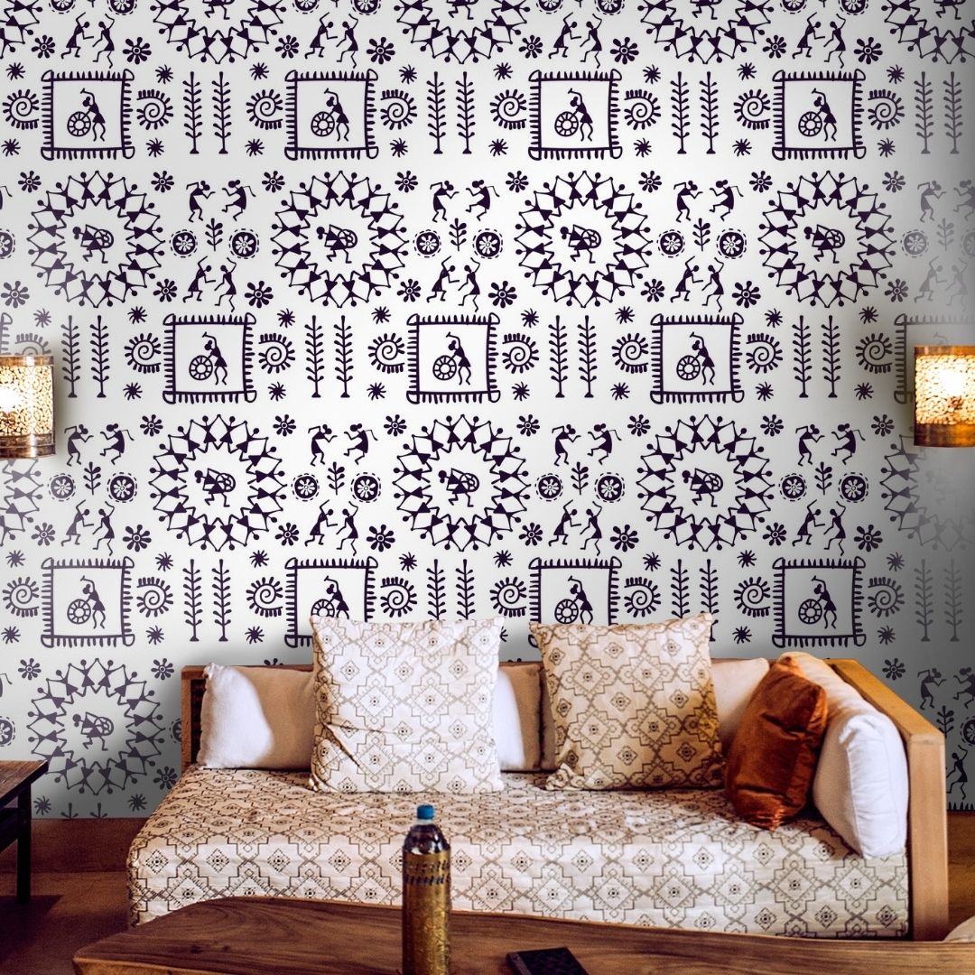 Black & White Indian Art Wallpaper for Rooms, Customised
