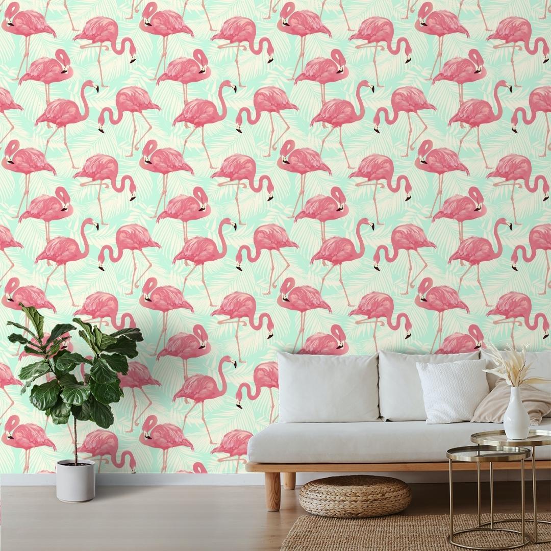 Tropical Flamingos Bedroom Wallpaper, Pink & Green