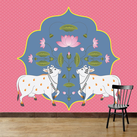 Cows and Lotus In Pichwai Style Wallpaper, Pink & Blue
