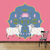 Vaches et Lotus dans le papier peint de style Pichwai, rose et bleu, personnalisé