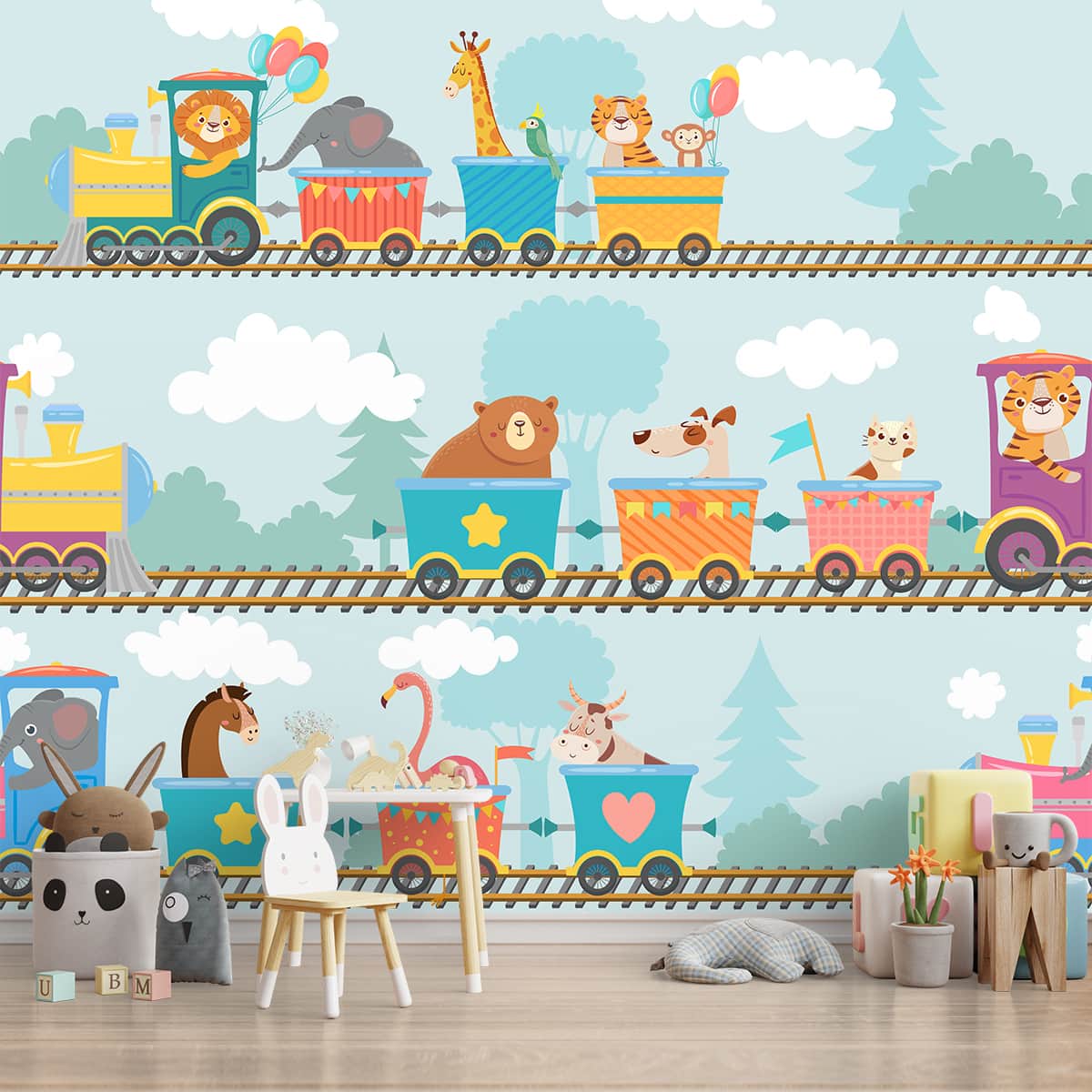 Cute Animals Train Kids Room Wallpaper