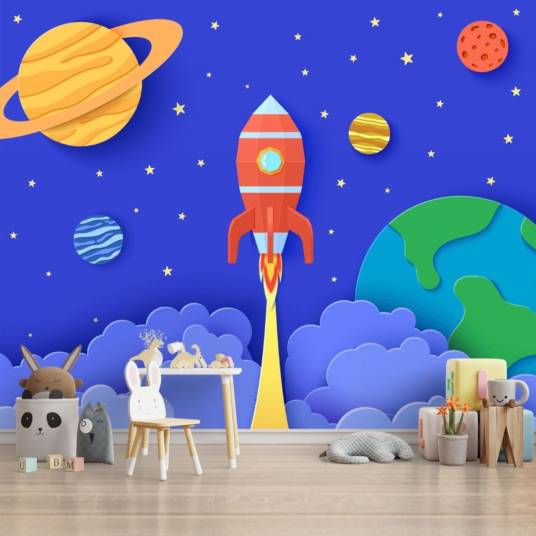 3D Space Wallpaper Design for Kids Bedroom, Blue