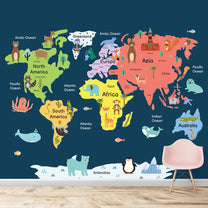 Colorful World Map with Animals for Kids Room Wallpaper