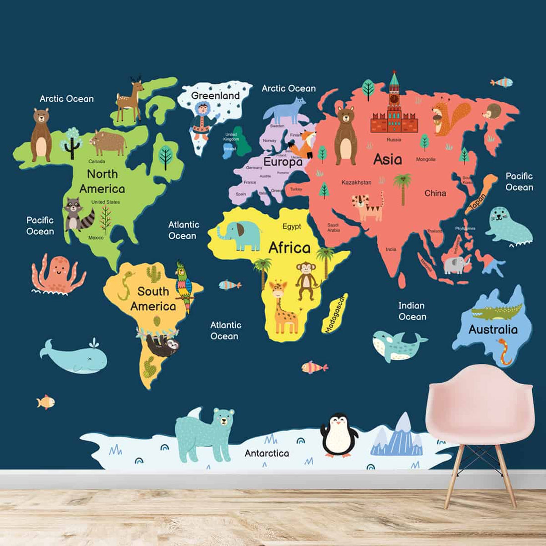 Colorful World Map with Animals for Kids Room Wallpaper | Life n Colors