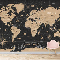 Black and Golden Vintage World Map Wallpaper, Customised