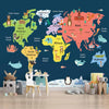 Colorful World Map with Animals for Kids Room Wallpaper