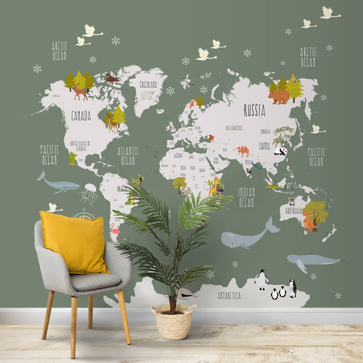 Green Color Worldmap Wallpaper for Kids Rooms, Customised