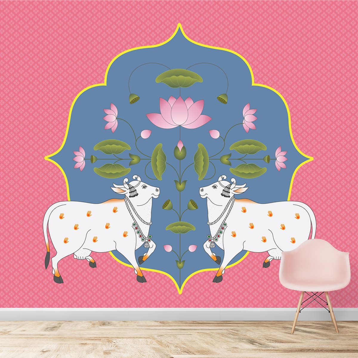 Cows and Lotus In Pichwai Style Wallpaper, Pink & Blue, Customised