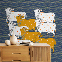 Pichwai Cow Design  Blue Wallpaper for Walls, Customised