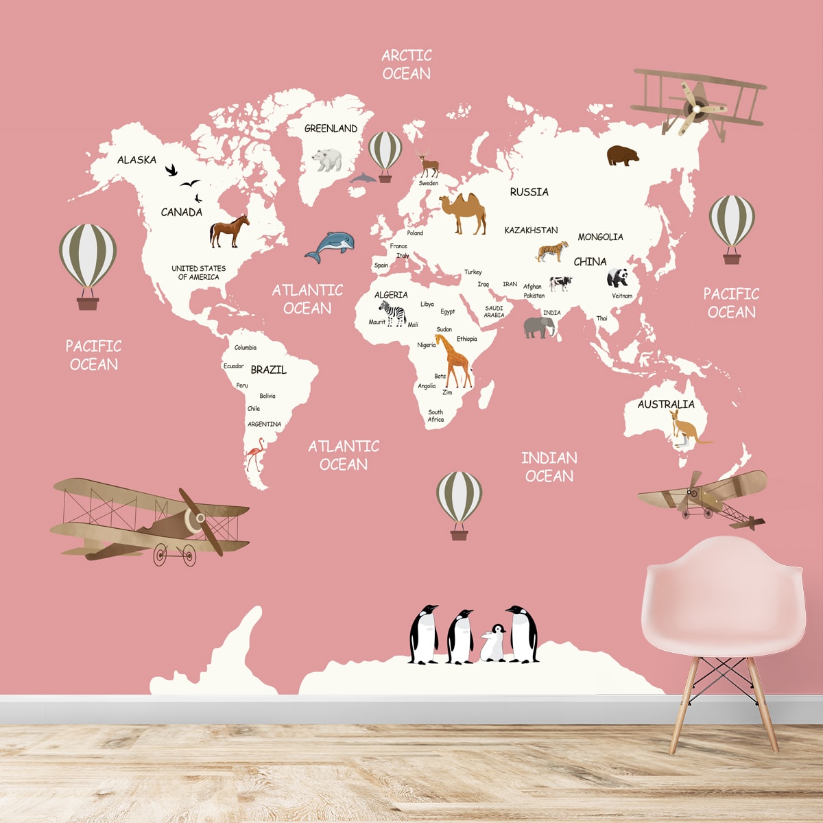 Pink Worldmap Wallpaper for Girls Bedroom Walls, Kids Wallpapers