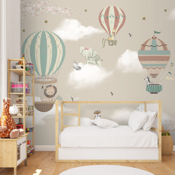 Hot Air Balloons with Animals Wallpaper for Kids Room Walls, Kids Wall ...