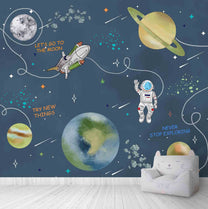 Customized Space Theme Wallpaper for Kids Room, Planets, rockets, Astronauts, Blue