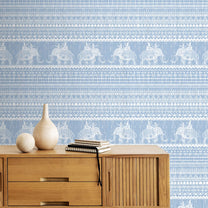 Blue Indian Fabric Look with Elephants Wallpaper