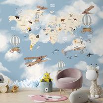 World Map with Hot Air Balloons and Gliders, Kids Wall Murals, Blue