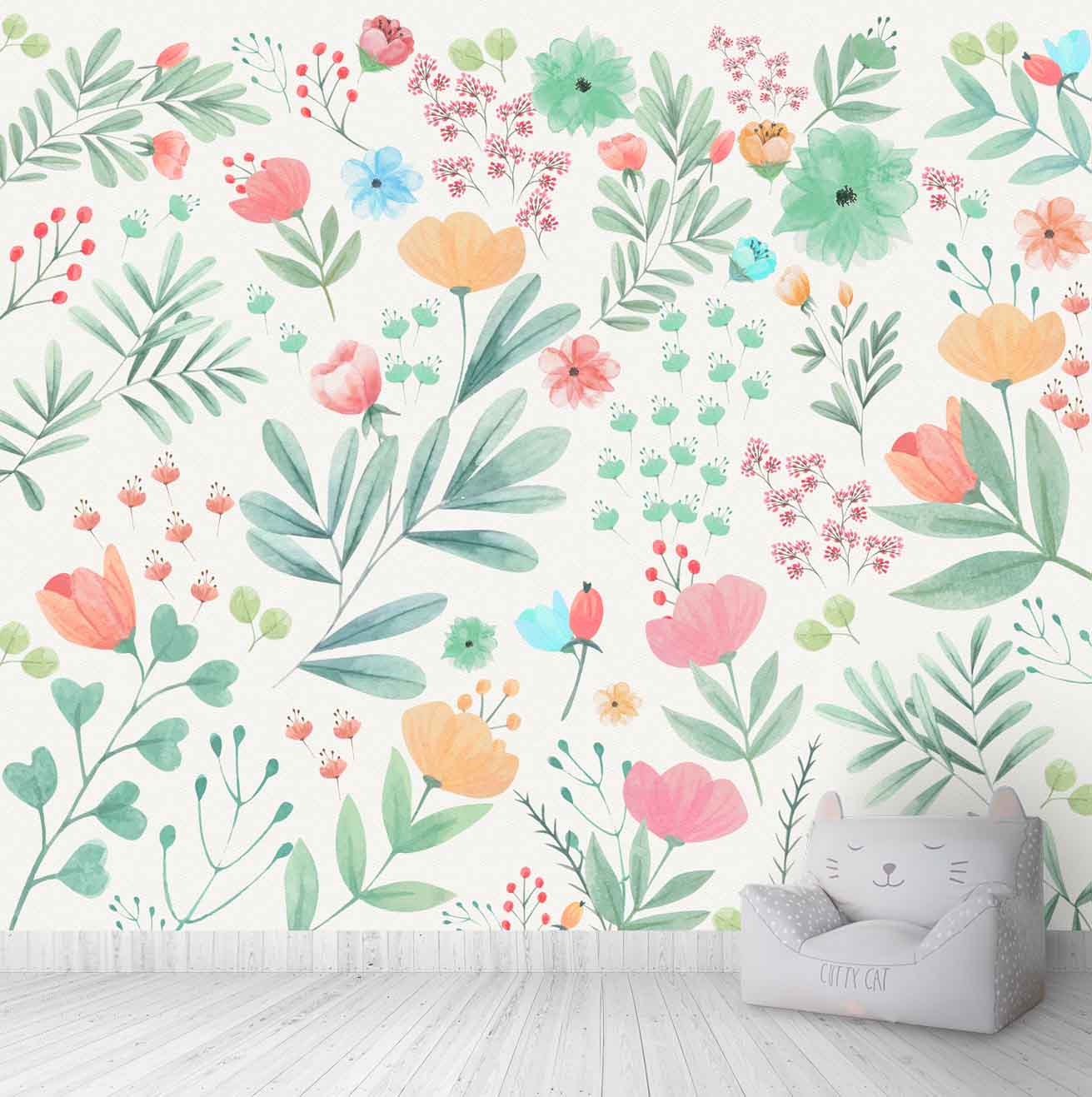 Water Painted Floral Design, Wall Mural for Kids Room