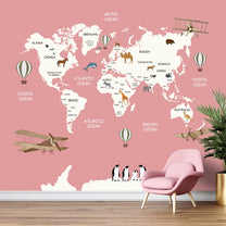 Pink Worldmap Wallpaper for Girls Bedroom Walls, Kids Wallpapers