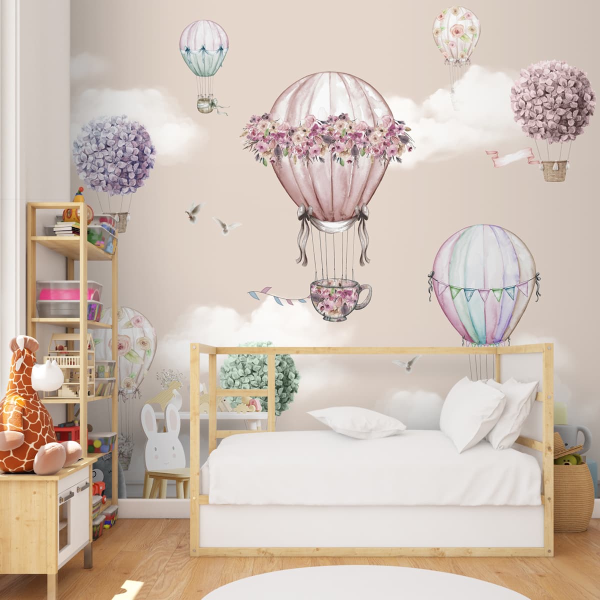 Beautiful Floral Decoration Hot Air Balloons Wall Paper for Young Kids Rooms, Customised