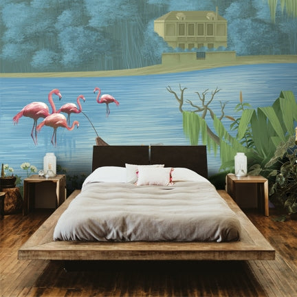 Premium Tropical Themed Wallpaper With Flamingos
