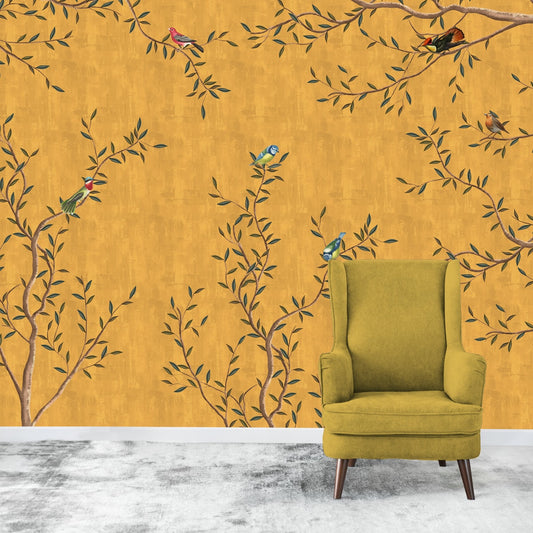 Chinoiserie Design, Mustard Yellow Wallpaper