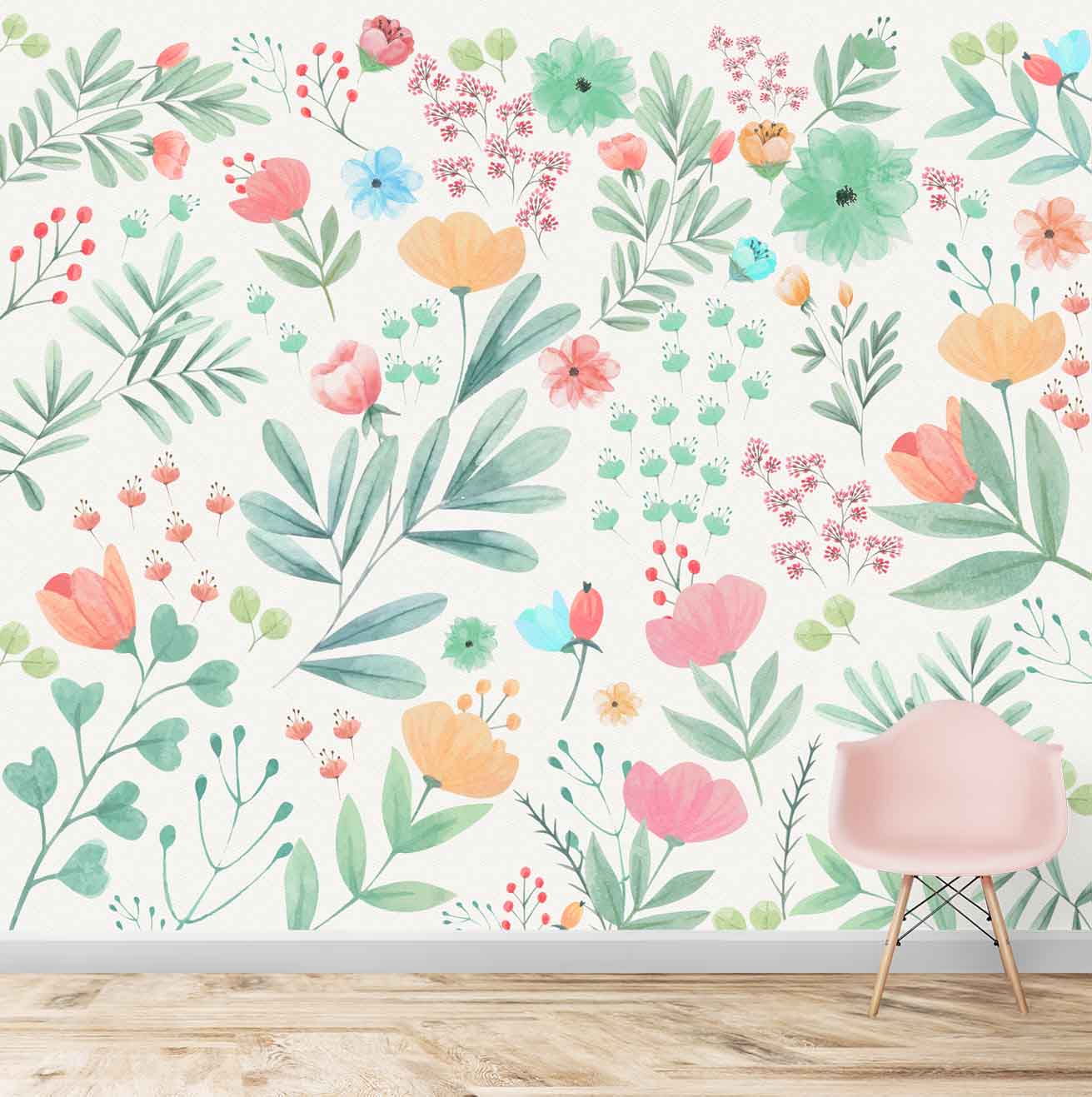 Water Painted Floral Design, Wall Mural for Kids Room