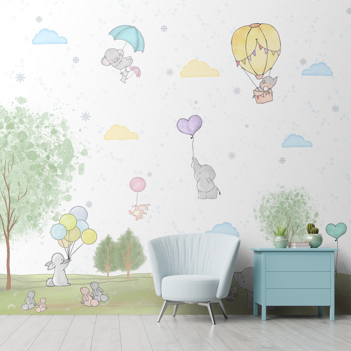Adorable Bunnies and Elephants, Nursery Room Wallpaper