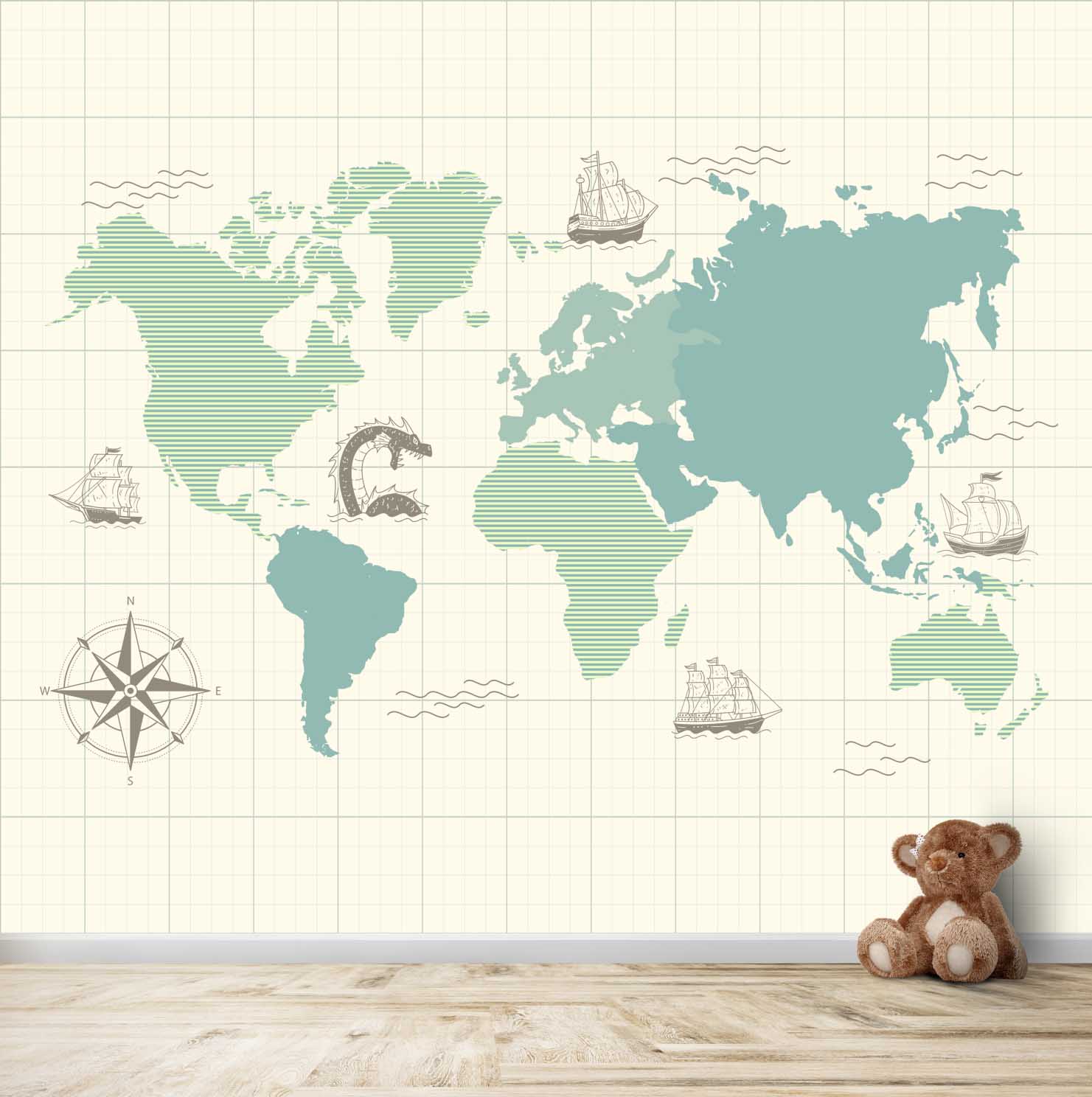 Big Pastel Green World Map for Kids Room Walls