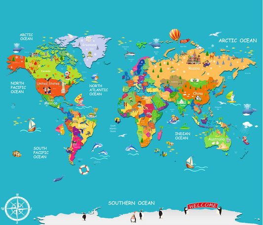 Blue Colourful World Map for Kids Room Walls