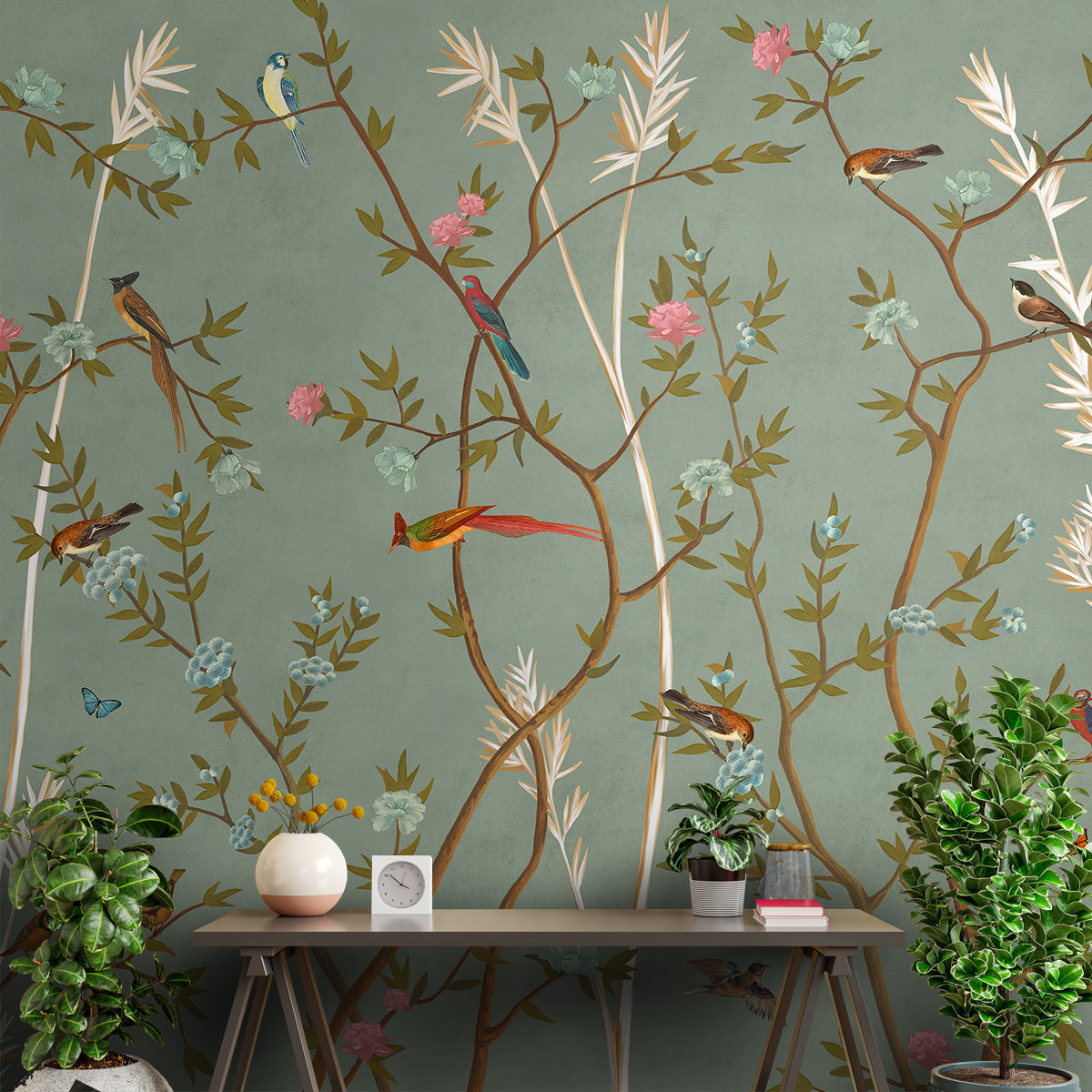 Green Chinoiserie Wallpaper with Flowers and Birds, Customised