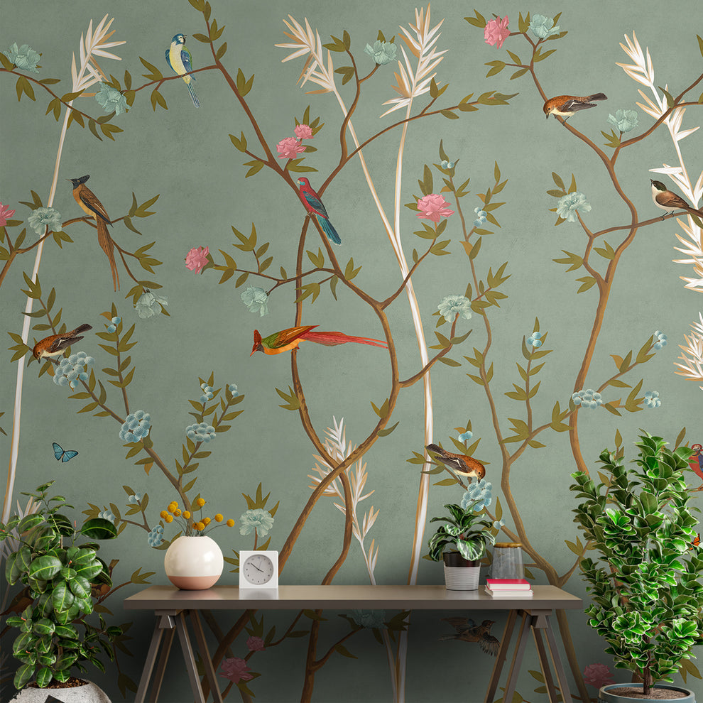 Green Chinoiserie Wallpaper with Flowers and Birds | Life n Colors