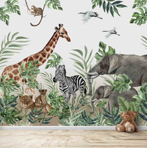 Jungle Theme Kids Room Wallpaper, Giraffe, Elephant, Lioness,Cub, Zebra