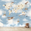 Weltkarte mit Heißluftballons und Segelflugzeugen, Wandgemälde für Kinder, Blau
