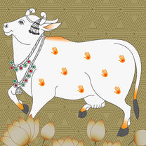 White Cow and Lotuses, Pichwai Wallpaper