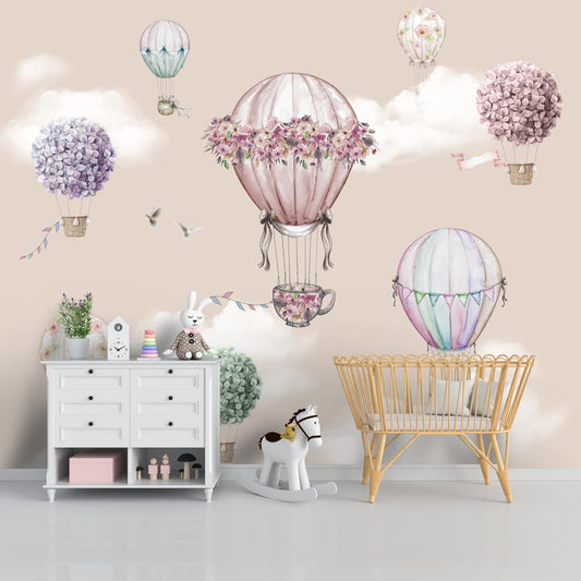 Beautiful Floral Decoration Hot Air Balloons Wall Paper for Young Kids Rooms, Customised