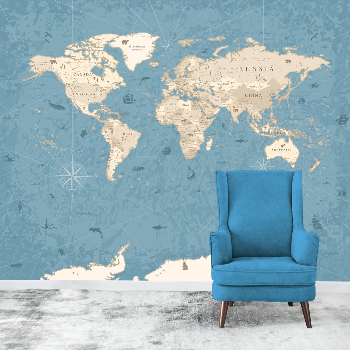Vintage World Map Wallpaper for Walls, World Maps for Rooms, Blue & Beige