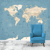 Vintage World Map Wallpaper for Walls, World Maps for Rooms, Blue & Beige